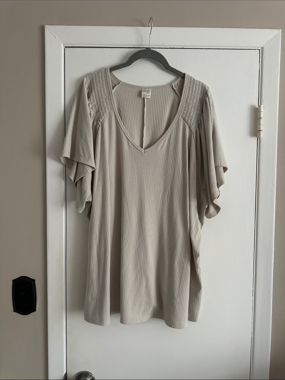 Terra & Sky Ribbed V-Neck Flutter Sleeve Tunic - Taupe